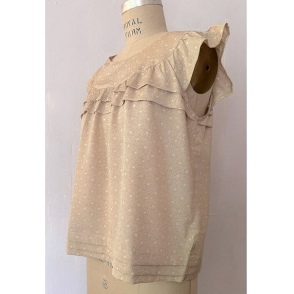 FOREVER 21 NUDE PINK GRAY ABSTRACT DOT CAP SLEEVE RUFFLE TOP L NWT - Picture 3 of 10